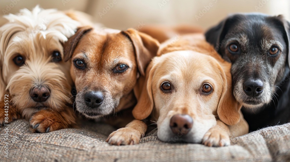 Group portrait of dogs lying together on a couch, showcasing their loyal and attentive expressions in a cozy indoor setting, highlighting the companionship and bond between pets. Generative AI Group portrait of dogs lying together on a couch, showcasing their loyal and attentive expressions in a cozy indoor setting, highlighting the companionship and bond between pets. Generative AI