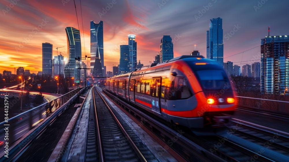 Fototapeta premium High-speed train traveling through city at sunset