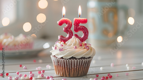 Birthday cupcake with burning candle in the shape of number 35. white background  photo