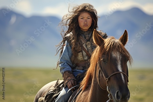 A young woman in ethnic mongolian clothing confidently rides her horse across the grassland with mountains in the background