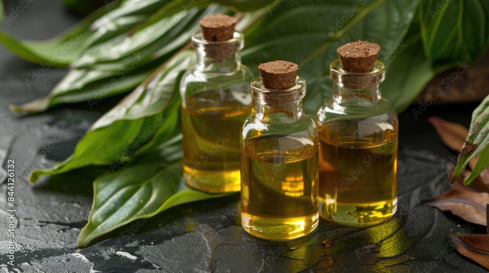 Plantain oil bottles with plantain leaves homeopathic and herbal remedy Plantain oil bottles with plantain leaves homeopathic and herbal remedy