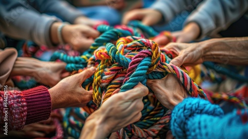 Many peoples hands working together to untangle a knotted rope. Business teamwork photo