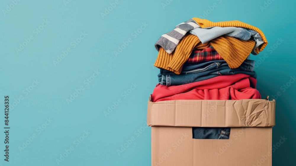 Close up image of clothing filled donation box on a blue background