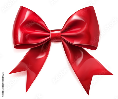 Beautiful large shiny bow made of red ribbon with soft shadow on white background