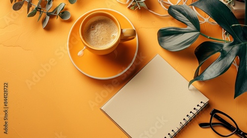 Cup of Coffee with Notebook and Glasses photo
