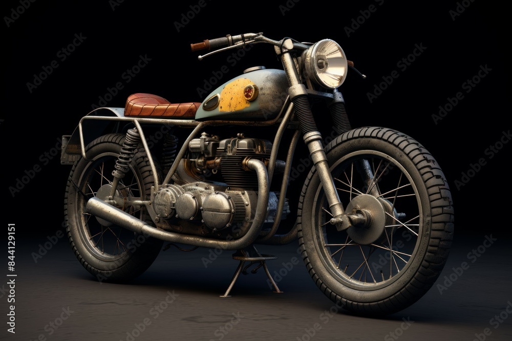 Classic retro motorcycle with rust details and leather seat showcased on a moody backdrop Classic retro motorcycle with rust details and leather seat showcased on a moody backdrop