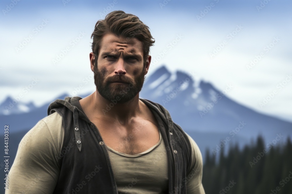 Portrait of a handsome, bearded man with a stern expression against a scenic mountain backdrop Portrait of a handsome, bearded man with a stern expression against a scenic mountain backdrop