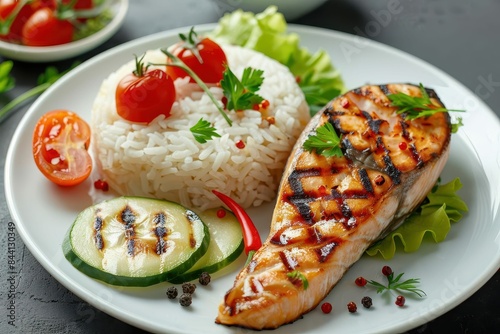 delicious dish of grilled salmon with rice cucumber and other vegetables closeup on a plate