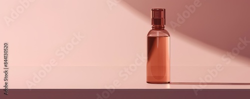 Close-up of a brown glass bottle with a shiny cap on a pink background.