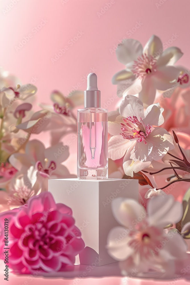 A product shot of a dropper bottle of essential oil or serum