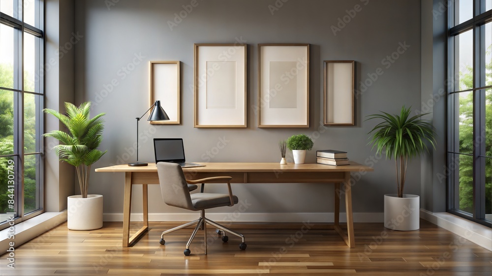 Fototapeta premium a room with a desk, two wallpaper frame are stands on the desk, the frame are blank