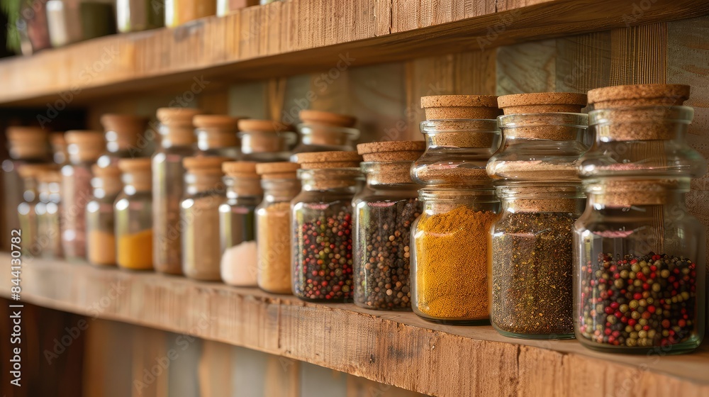 A variety of spices on a wooden shelf. The spices are in glass jars with wooden lids. A variety of spices on a wooden shelf. The spices are in glass jars with wooden lids.