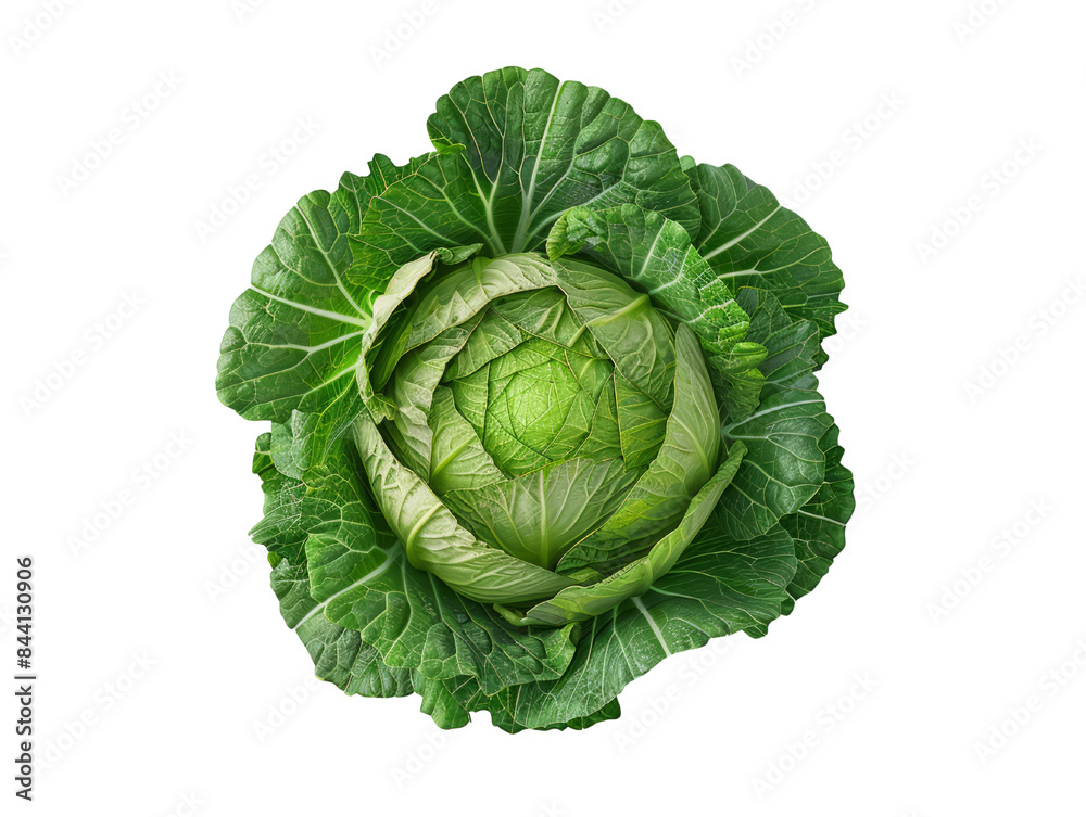 Fototapeta premium Close-up of a fresh green cabbage isolated on white background, showcasing its vibrant leaves and intricate natural patterns.