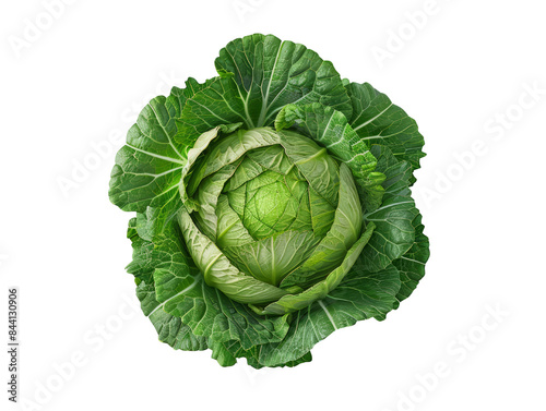 Close-up of a fresh green cabbage isolated on white background, showcasing its vibrant leaves and intricate natural patterns.