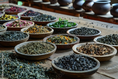 Bowls of various types of dried tea leaves photo
