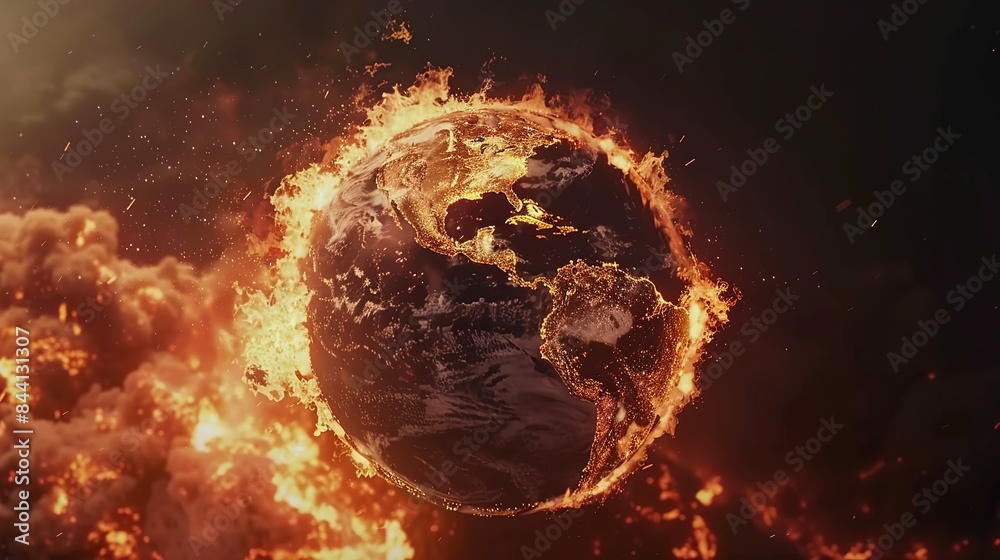 Earth globe engulfed in flames, America consumed by fire. Conceptual illustration of global warming, rising temperatures, extreme heat, and climate change disaster. Earth globe engulfed in flames, America consumed by fire. Conceptual illustration of global warming, rising temperatures, extreme heat, and climate change disaster.