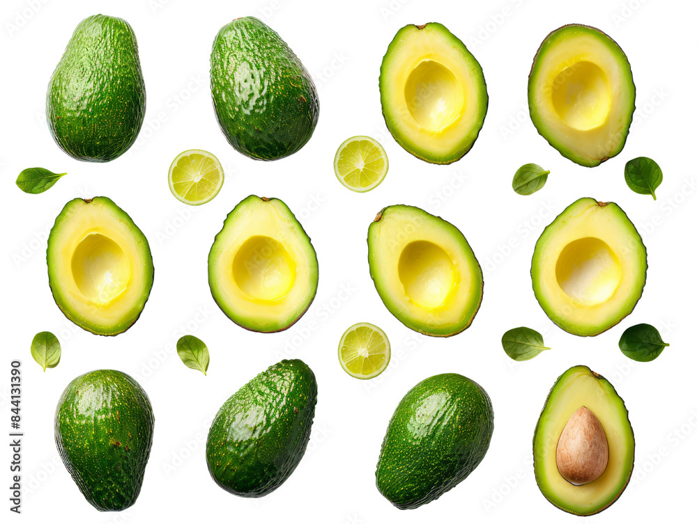 Fresh ripe avocados, halved and whole, arranged with lime slices and leaves on a white background. Ideal for healthy eating and ingredients. Fresh ripe avocados, halved and whole, arranged with lime slices and leaves on a white background. Ideal for healthy eating and ingredients.