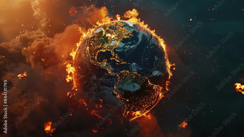 Earth globe engulfed in flames, America consumed by fire. Conceptual illustration of global warming, rising temperatures, extreme heat, and climate change disaster.