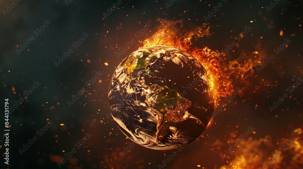 Earth globe engulfed in flames, America consumed by fire. Conceptual illustration of global warming, rising temperatures, extreme heat, and climate change disaster. Earth globe engulfed in flames, America consumed by fire. Conceptual illustration of global warming, rising temperatures, extreme heat, and climate change disaster.