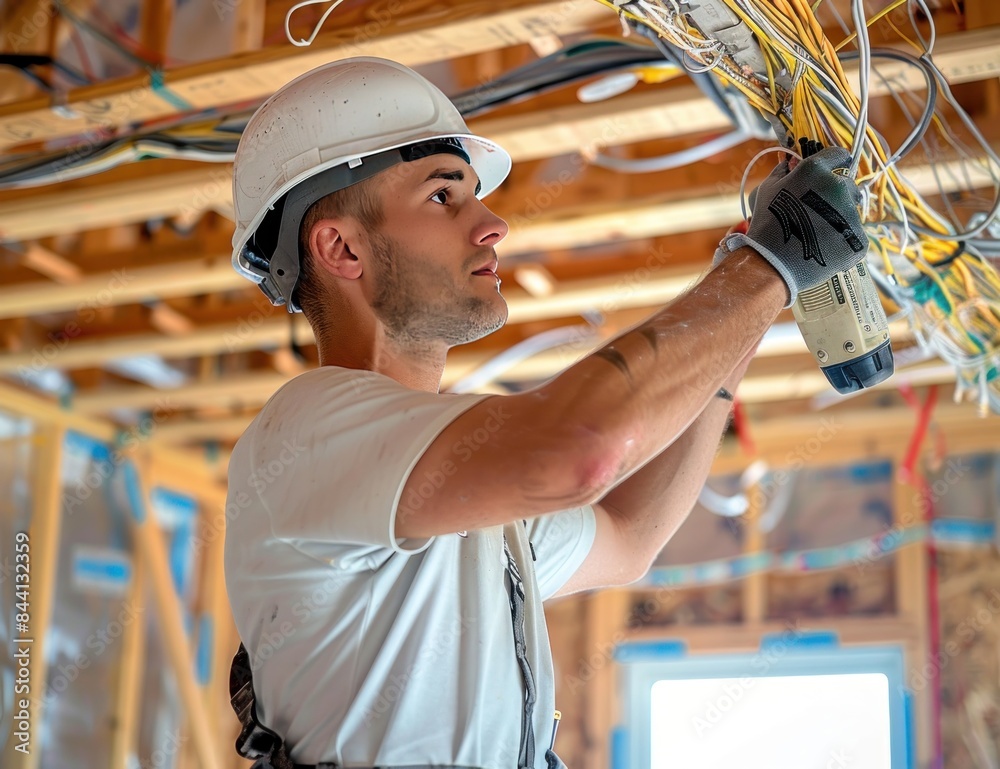 Electrician Working on Electrical Wiring in a New Construction
