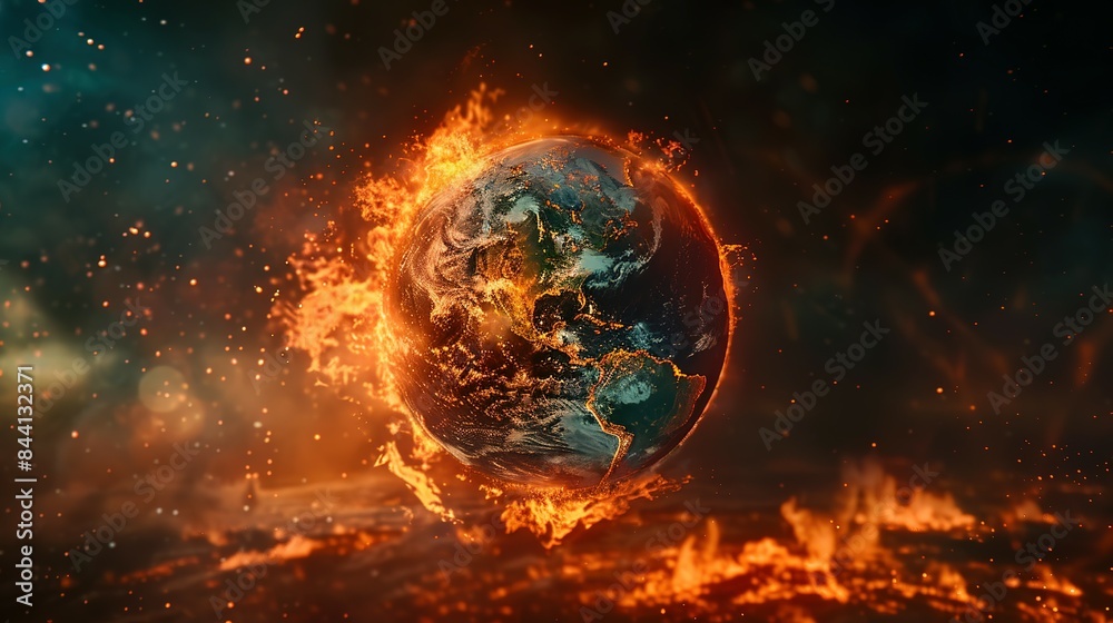 Earth globe engulfed in flames, America consumed by fire. Conceptual illustration of global warming, rising temperatures, extreme heat, and climate change disaster. Earth globe engulfed in flames, America consumed by fire. Conceptual illustration of global warming, rising temperatures, extreme heat, and climate change disaster.