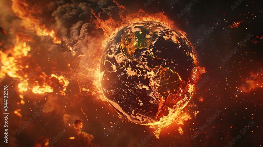 Earth globe engulfed in flames, America consumed by fire. Conceptual illustration of global warming, rising temperatures, extreme heat, and climate change disaster. Earth globe engulfed in flames, America consumed by fire. Conceptual illustration of global warming, rising temperatures, extreme heat, and climate change disaster.