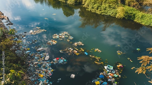 River covered with garbage  Photo of a river or lake covered with floating garbage and plastic waste  showing the problem of water pollution.