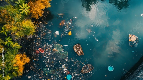 River covered with garbage: Photo of a river or lake covered with floating garbage and plastic waste, showing the problem of water pollution.