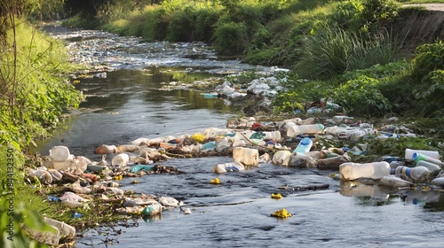River covered with garbage: Photo of a river or lake covered with floating garbage and plastic waste, showing the problem of water pollution.