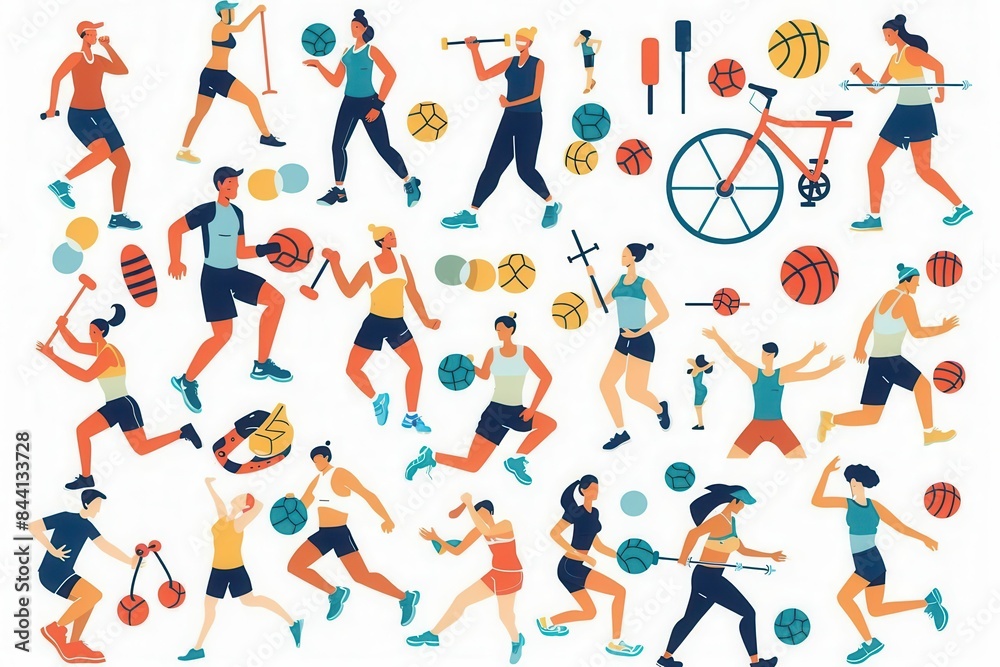 energetic fitness collage with various people exercising and playing sports vector illustration