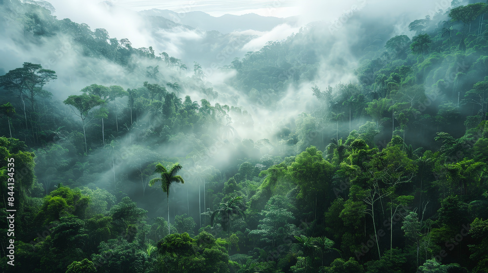 A misty rainforest with dense, lush greenery and trees shrouded in fog, creating a serene and mystical atmosphere. A misty rainforest with dense, lush greenery and trees shrouded in fog, creating a serene and mystical atmosphere.