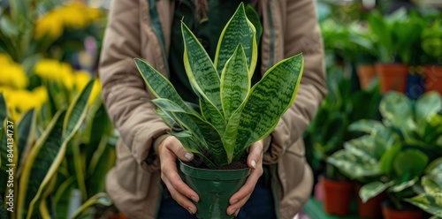 A woman holding a green snake plant in her hands, she is shopping for plants at the flower market and has many potted Sanseveria on display around her, the leaves of Sansevieria trifasciata form a photo
