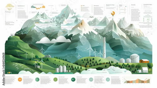 A detailed infographic illustrating renewable energy sources in a mountainous landscape, featuring wind turbines, solar panels, and hydroelectric dams, with informative data overlays. photo