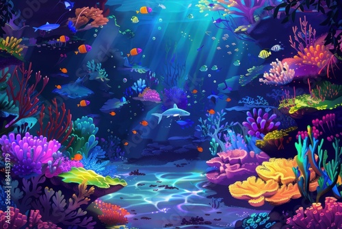 colorful cartoon illustration of an underwater scene with colorful coral reefs, exotic fish and sea creatures in the background, vector art style, detailed background elements, digital painting