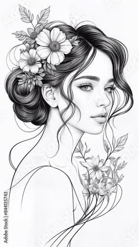 Stylized black and white portrait of a woman with dark hair styled in an updo. She is adorned with a floral crown and has a serene expression on her face.