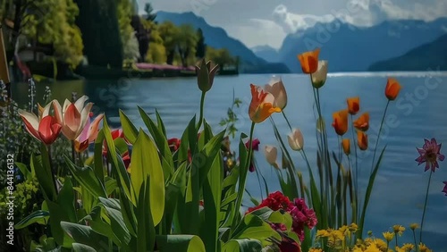 Vibrant Plants and Flowers by the River with Mountain Backdrop, Capturing Nature's Essence