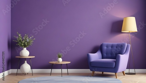 A vibrant yellow wall serves as the backdrop for a modern blue armchair  with a contemporary side table and a decorative vase adding charm.