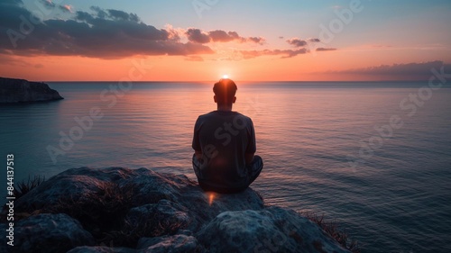 Person sitting on a rock by the ocean  watching the serene sunset  capturing a moment of peaceful reflection and the beauty of nature s tranquility. Generative AI