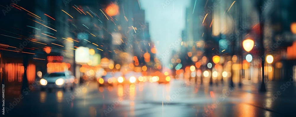Fototapeta premium Blurred view of city street with lights at night. Abstract background with bokeh lights. Backdrop for design banner, card, poster with copy space