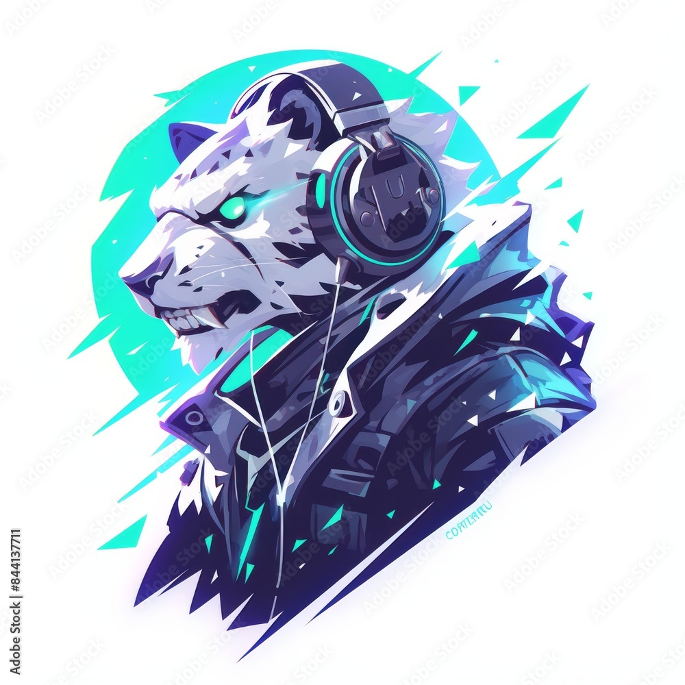Obraz premium A futuristic fusion of animal and technology, a stylized creature, outfitted with headphones and a cyberpunk getup, seamlessly integrates into the digital realm