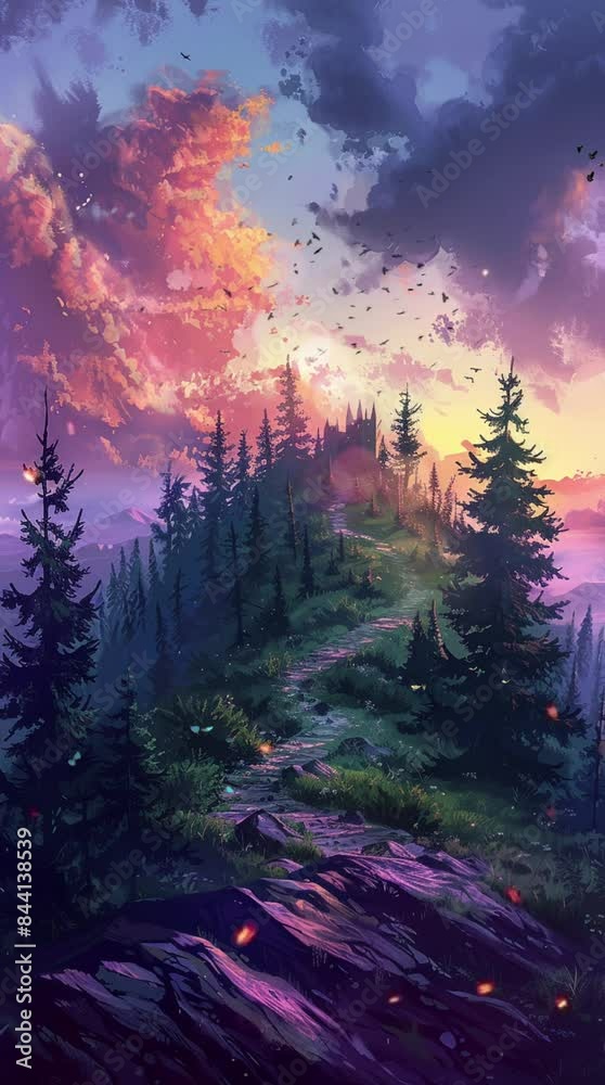 a rock path leads to top of hill with pine trees. cartoon or anime style. seamless vertical video background. a rock path leads to top of hill with pine trees. cartoon or anime style. seamless vertical video background.