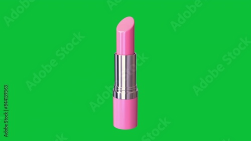 Pink lipstick on green screen chroma key background 3d 4k motion graphics animation video loop. Cosmetics lip makeup accessory.Glossy glamour fashion product. Seamless looped background.Animated icon