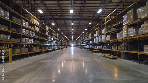 Background image of large modern warehouse interior with goods scattering on shelves. Interior photography with focus on industrial scale. Logistics and distribution concept. Design for banner. AIGT2. © Summit Art Creations
