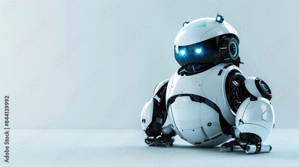 A sleek, modern robot with glowing blue eyes sitting against a light background, showcasing advanced AI and futuristic design. A sleek, modern robot with glowing blue eyes sitting against a light background, showcasing advanced AI and futuristic design.