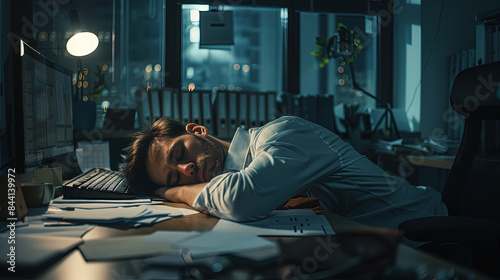 Deskbound Drowsiness, A Tired Employee's Battle Against Sleep photo