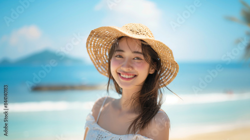 麦わら帽子を被った笑顔のアジア人女性 © Logmotion