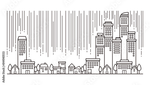 雨が降る都会の街並みの線画の白黒のかわいいイラスト