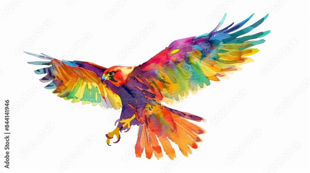 Fototapeta premium A vibrant and colorful watercolor painting of a bird in flight, showcasing brilliant hues and artistic flair on a white background.