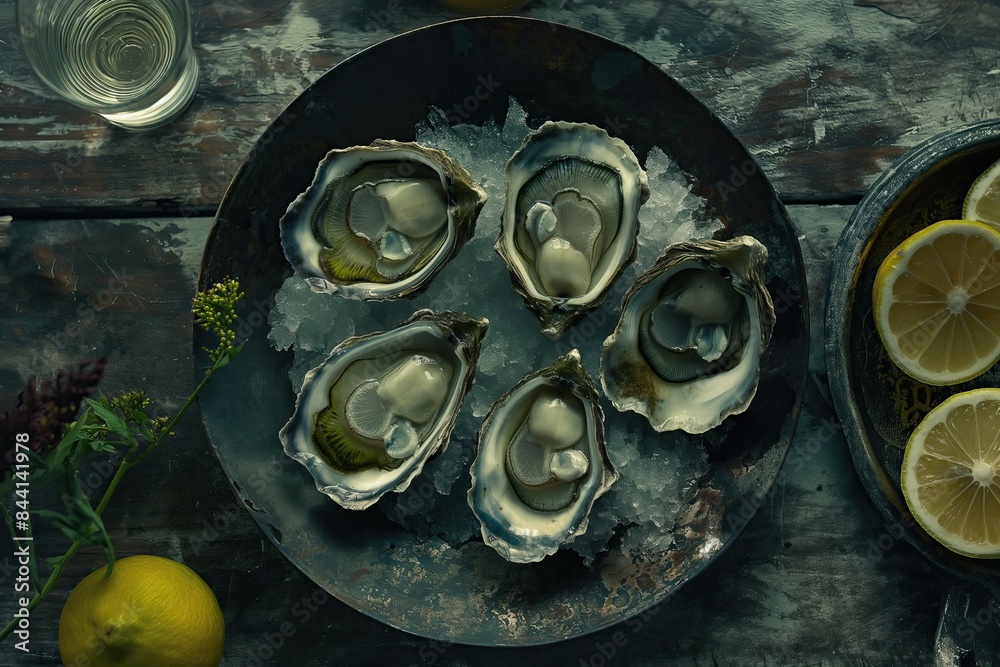 Fresh oysters with lemon on a dark background. Top view. Fresh oysters with lemon on a dark background. Top view.