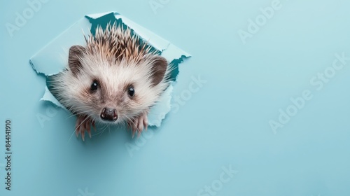 Cute hedgehog peeks through the hole in the paper wall.